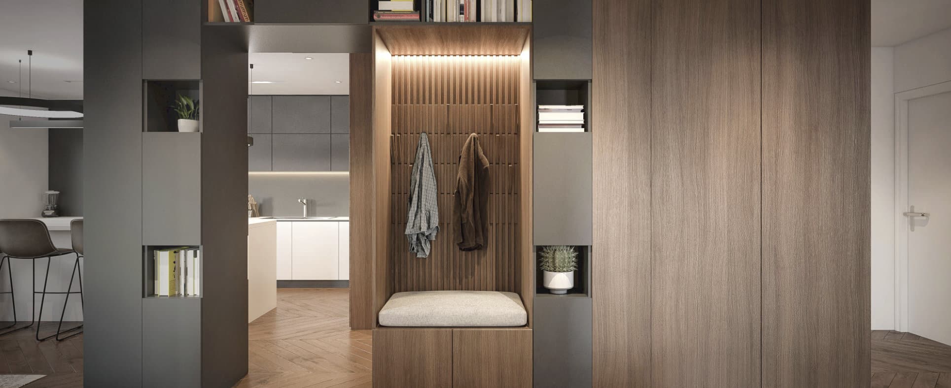 Couloir intérieur moderne avec lambris en bois comprenant un petit banc rembourré, des patères et des étagères. Un cactus et des livres sont disposés dans des alcôves. L'espace mène à une cuisine minimaliste avec des armoires élégantes et des tabourets de bar.